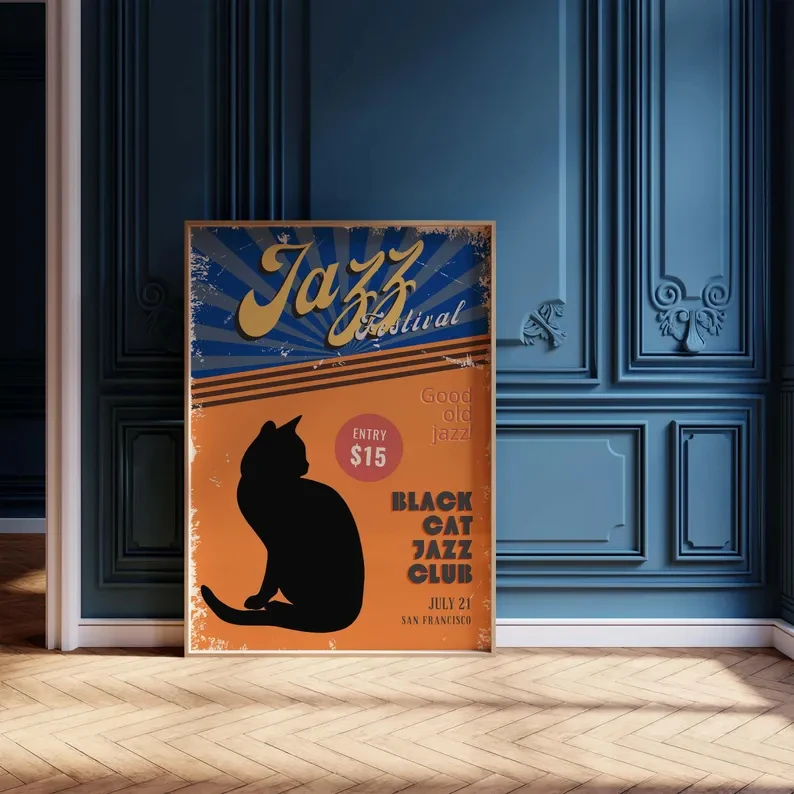 Plakat na płótnie czarny kot z fortepianem do salonu i sypialni Biały