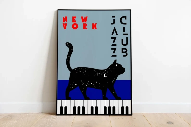 Plakat na płótnie czarny kot z fortepianem do salonu i sypialni Czerwony