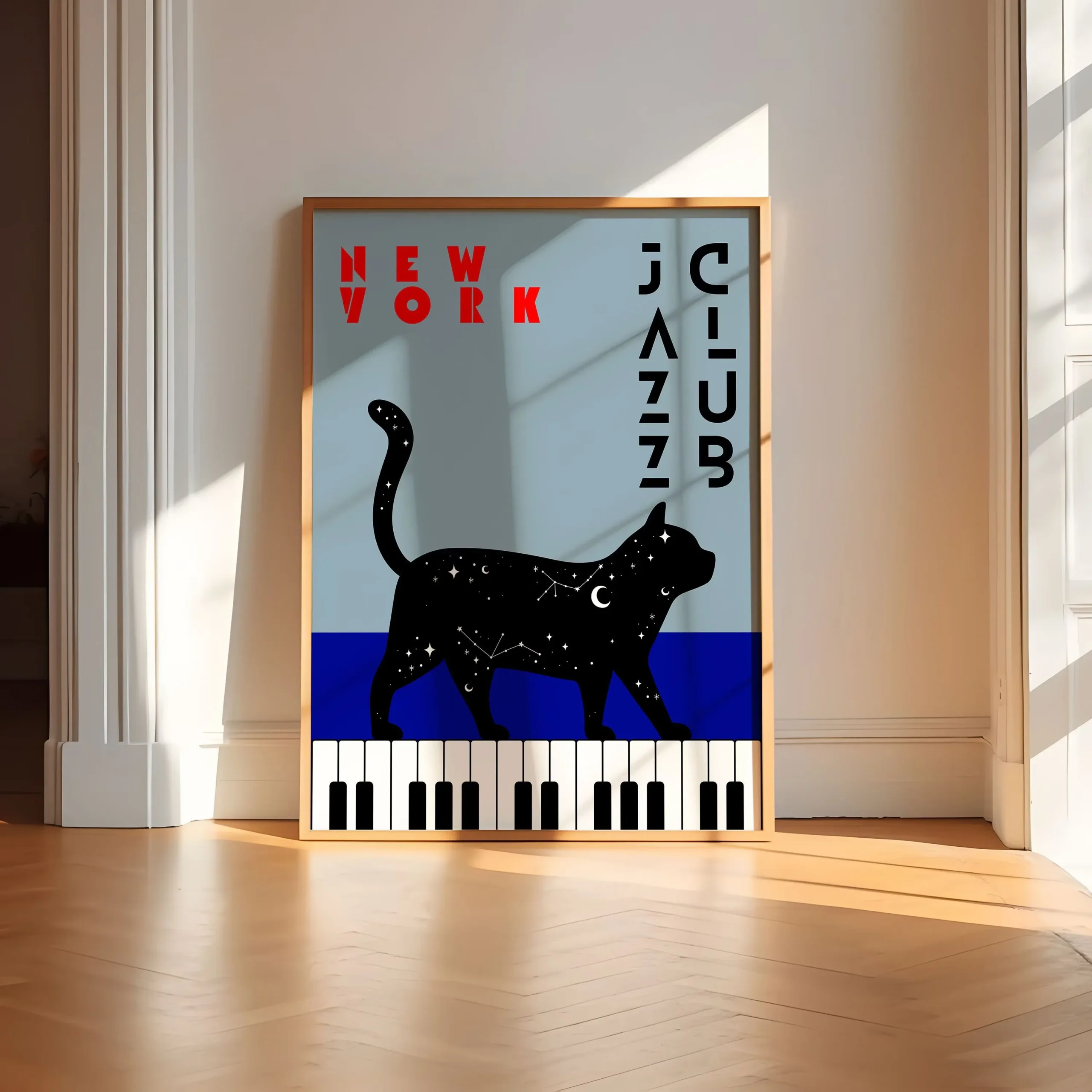 Plakat retro jazzowy z czarnym kotem na płótnie — vintage dekoracja salonu Czarny jasny