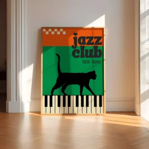 Plakat retro jazzowy z czarnym kotem na płótnie — vintage dekoracja salonu Jasny srebrny