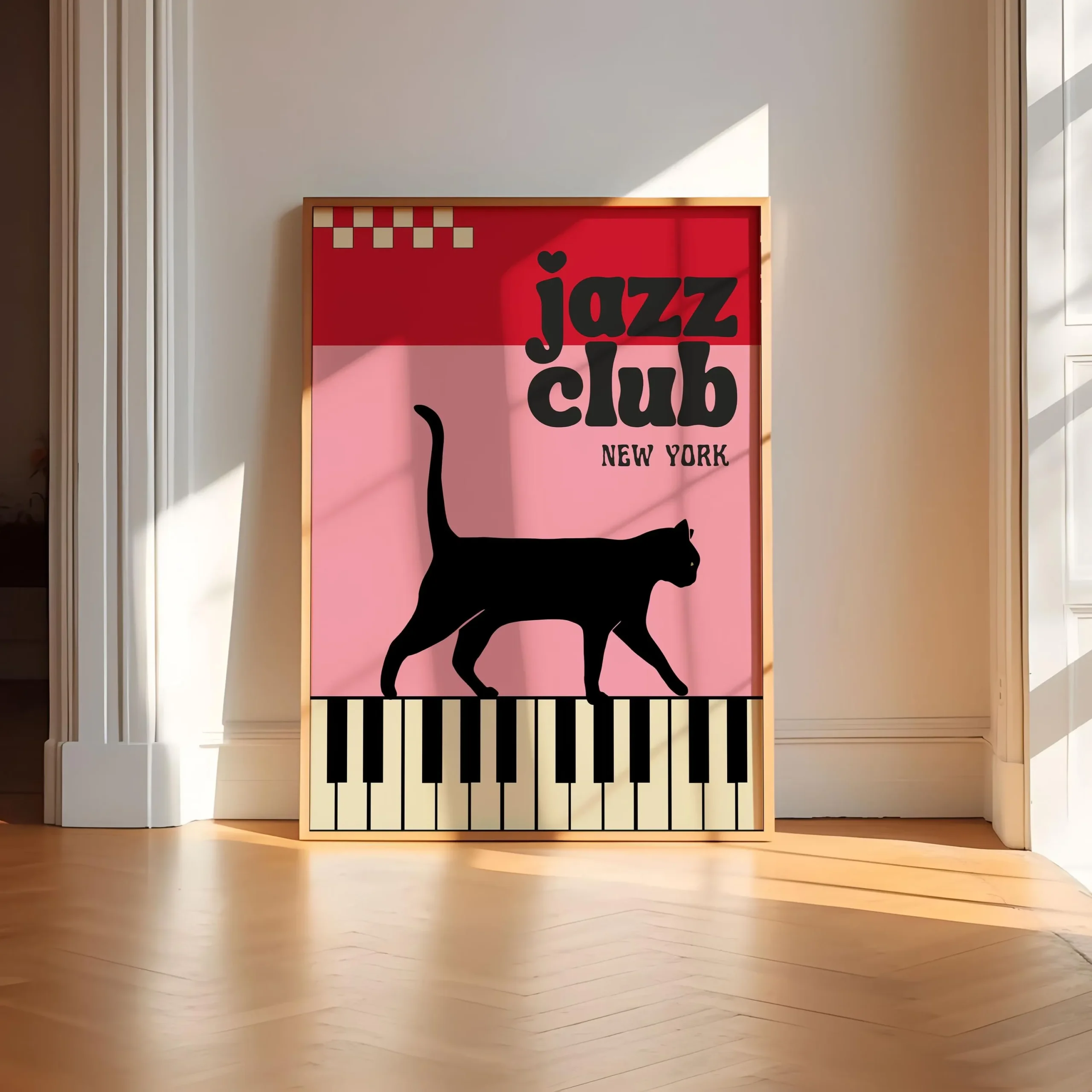 Plakat retro jazzowy z czarnym kotem na płótnie — vintage dekoracja salonu Oliwkowy brąz