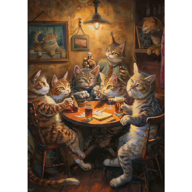 Plakat retro zwierzęta w tawernie — małpa, pies, kot, pingwin na płótnie Jasnoszary