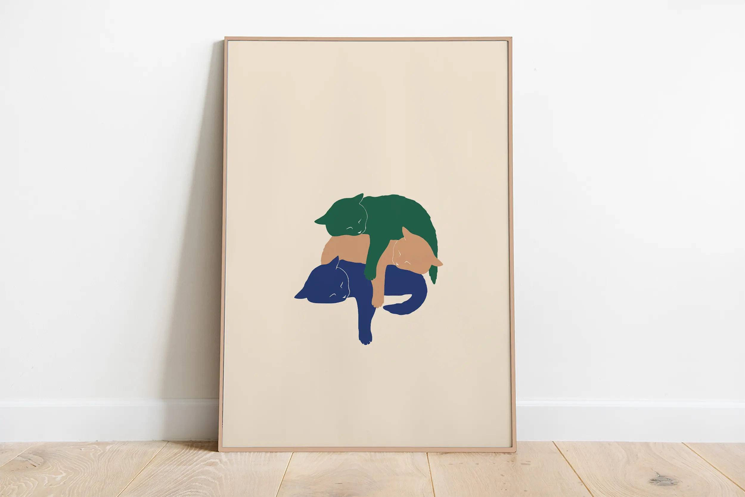 Plakat z śpiącymi kotkami na płótnie — minimalistyczna ilustracja do salonu Granatowy
