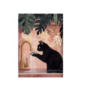 Plakat vintage czarny kot w łazience do toalety i salonu Niebieski