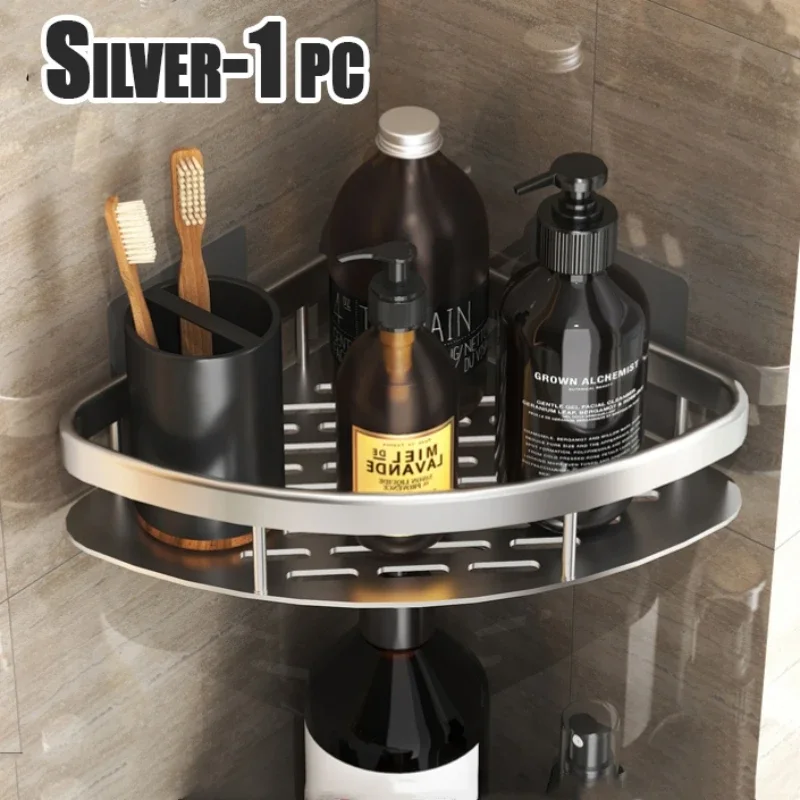 Aluminiowa półka pod prysznic bez wiercenia z miejscem na kosmetyki Stylea silvery