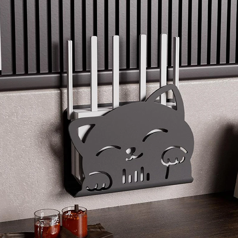 Półka ścienna w kształcie kota na router i kable Szary
