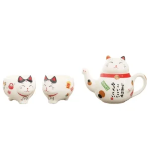 Porcelanowy zestaw do herbaty z kotem na szczęście Maneki Neko Jasnożółty