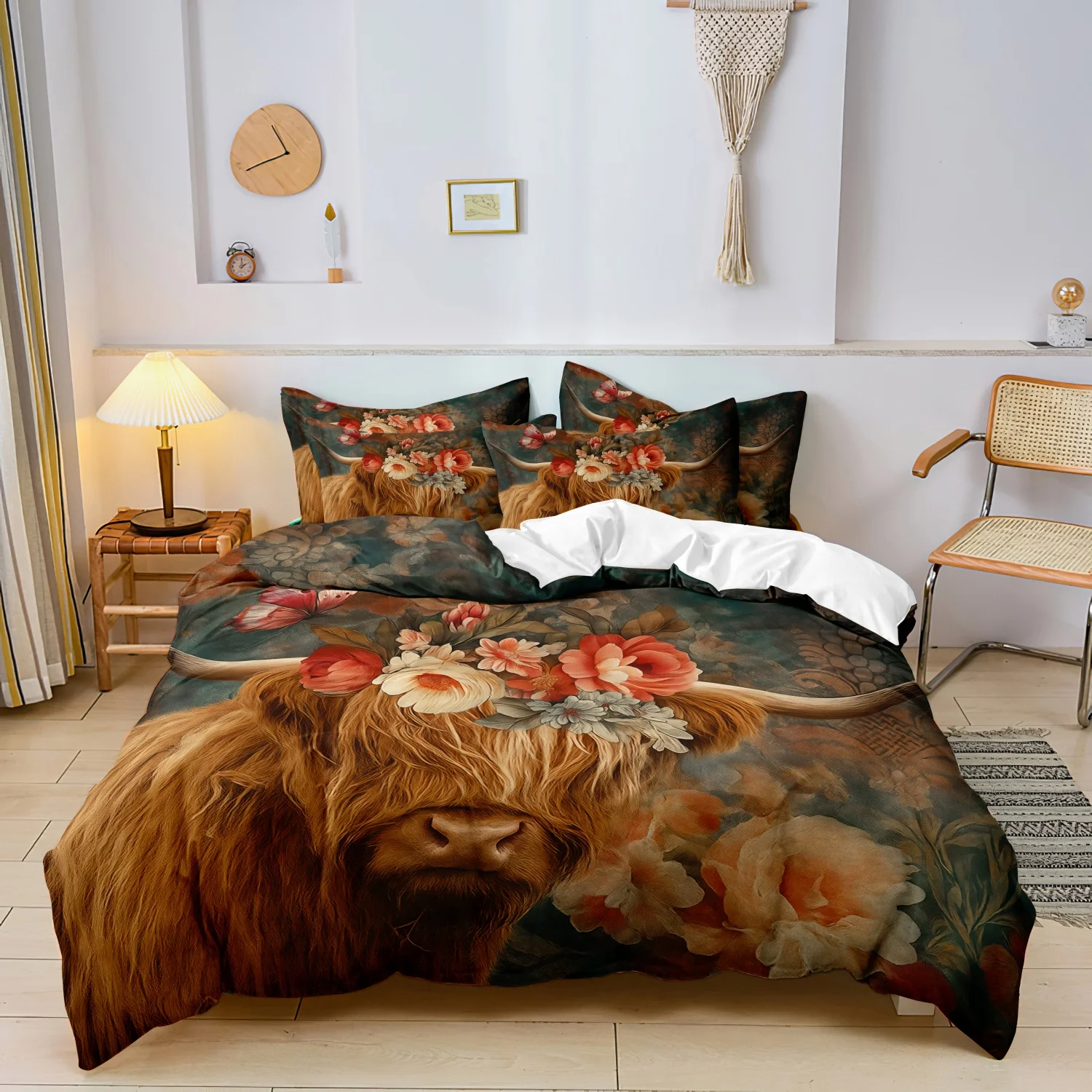 Pościel z nadrukiem Highland Cow 3 elementy miękka Brązowy