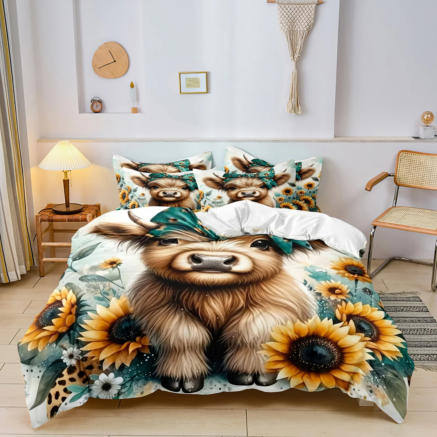 Pościel z nadrukiem Highland Cow 3 elementy miękka Khaki