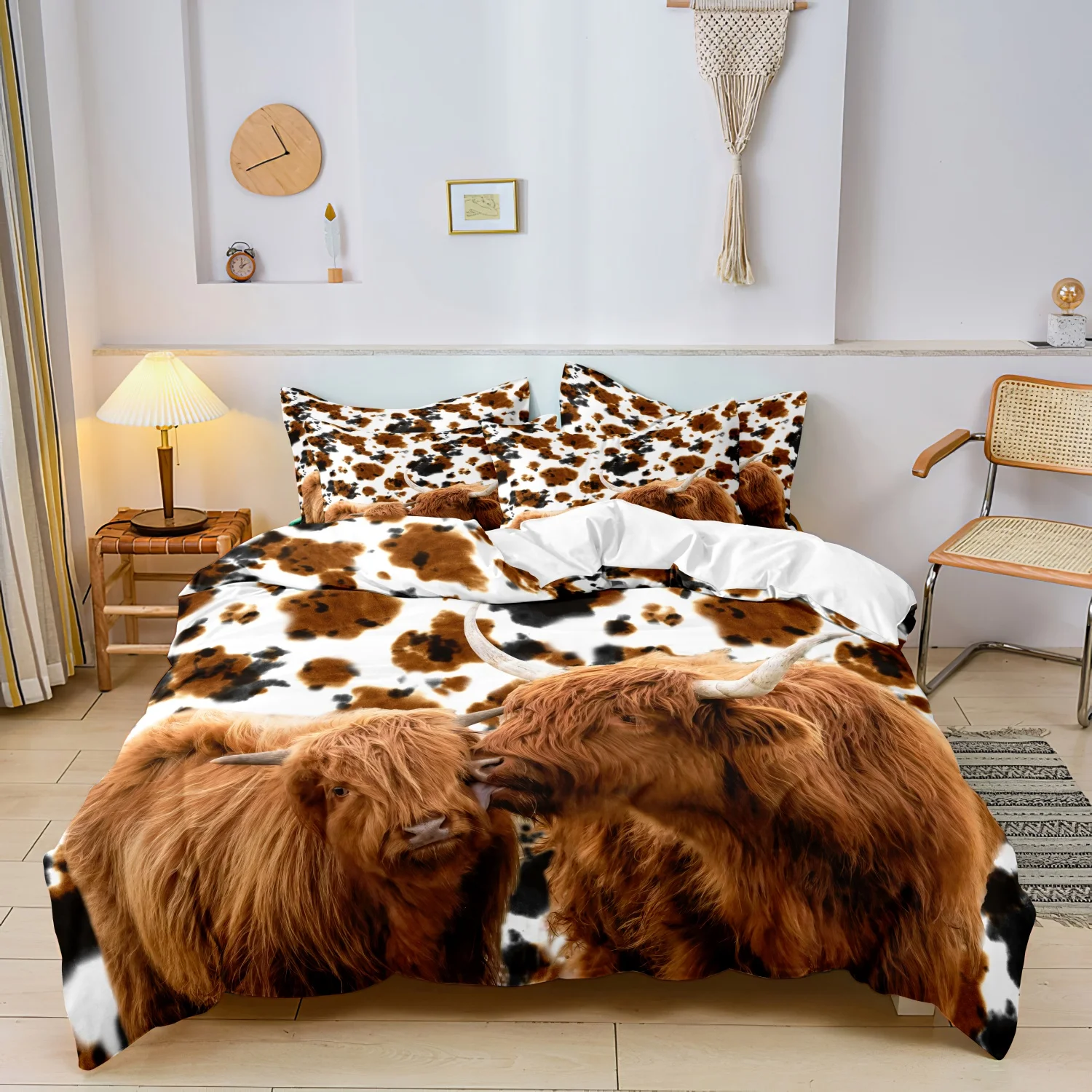 Pościel z nadrukiem Highland Cow 3 elementy miękka Szampan