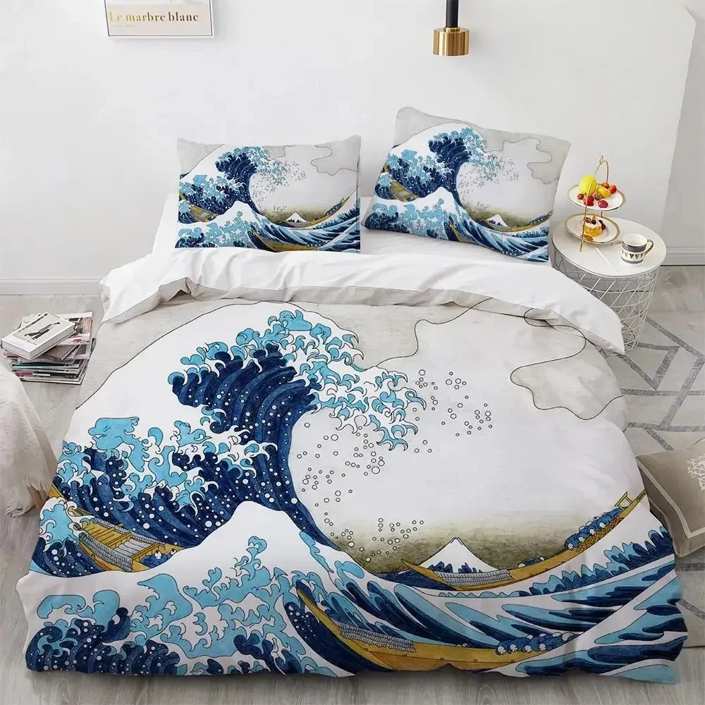 Zestaw pościeli z motywem Hokusai Wielka Fala japoński styl do sypialni Biały