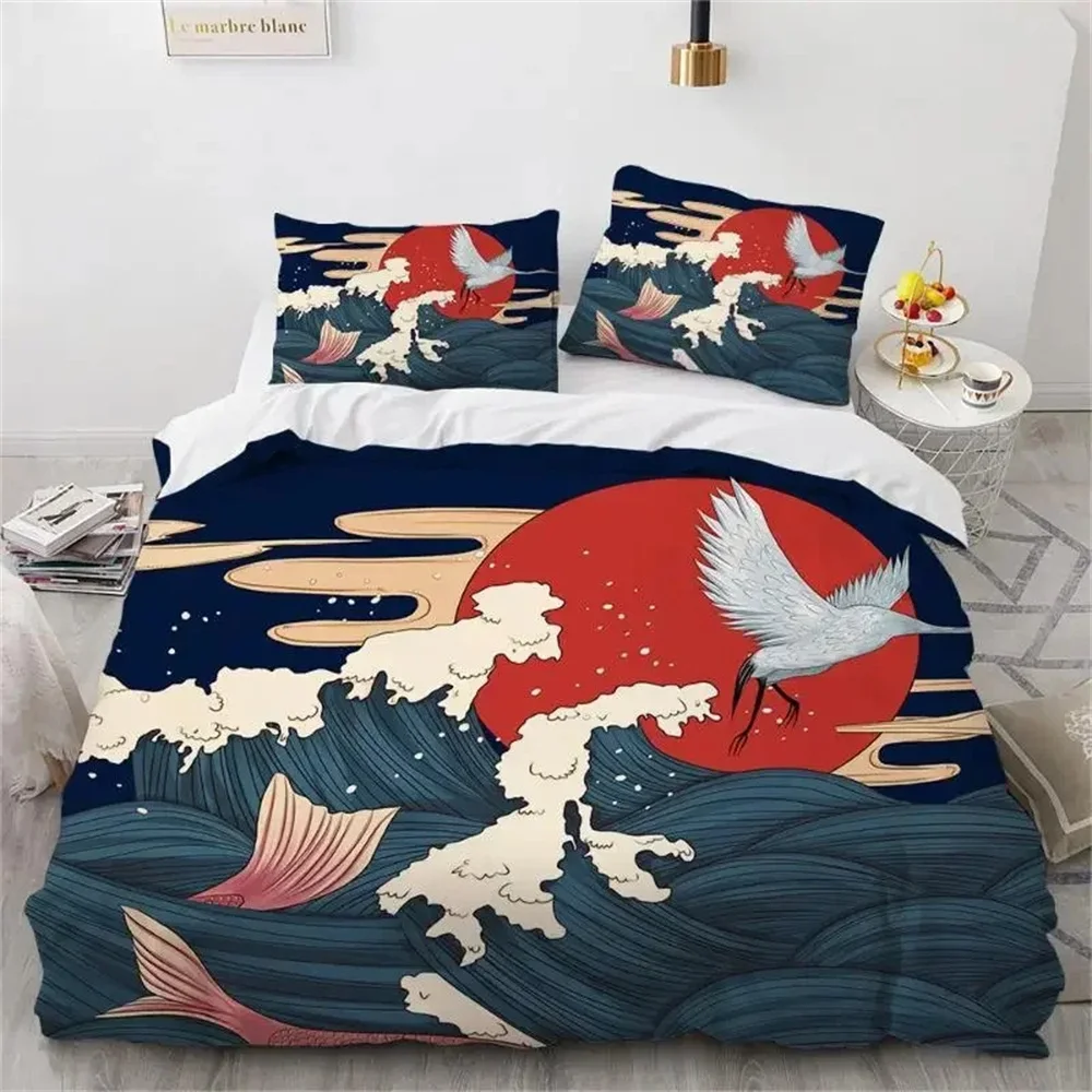 Zestaw pościeli z motywem Hokusai Wielka Fala japoński styl do sypialni Czerwony