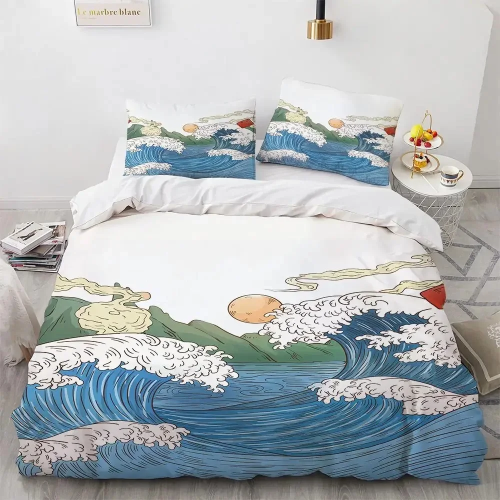 Zestaw pościeli z motywem Hokusai Wielka Fala japoński styl do sypialni Fioletowy