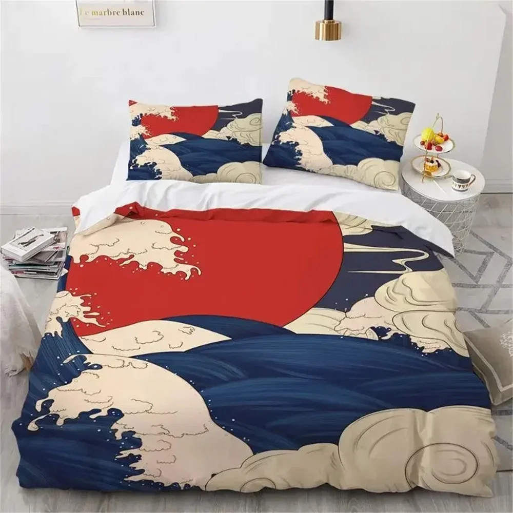 Zestaw pościeli z motywem Hokusai Wielka Fala japoński styl do sypialni Jasnoszary