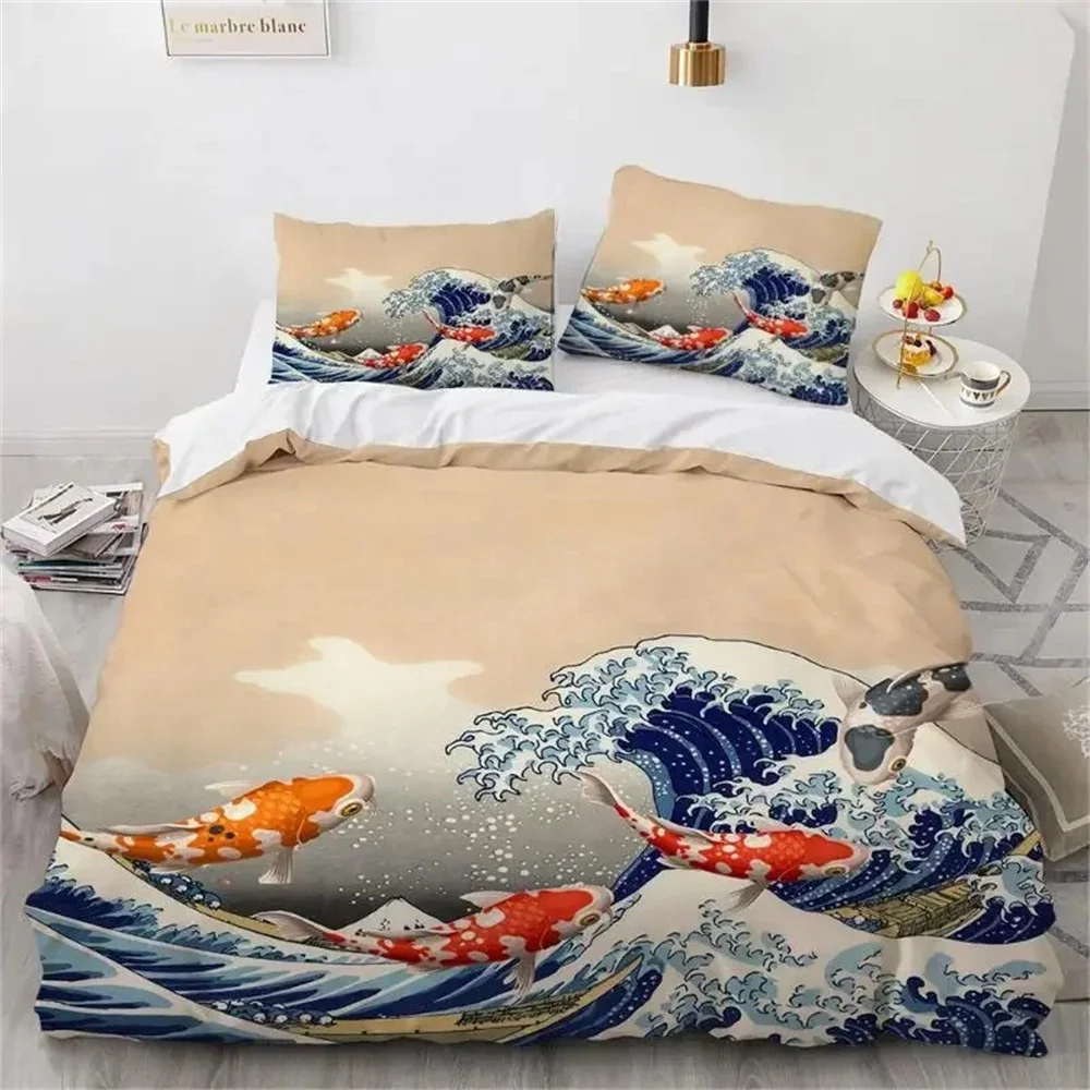 Zestaw pościeli z motywem Hokusai Wielka Fala japoński styl do sypialni Niebieski