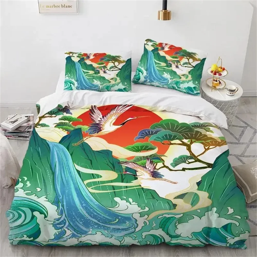 Zestaw pościeli z motywem Hokusai Wielka Fala japoński styl do sypialni Pomarańczowy