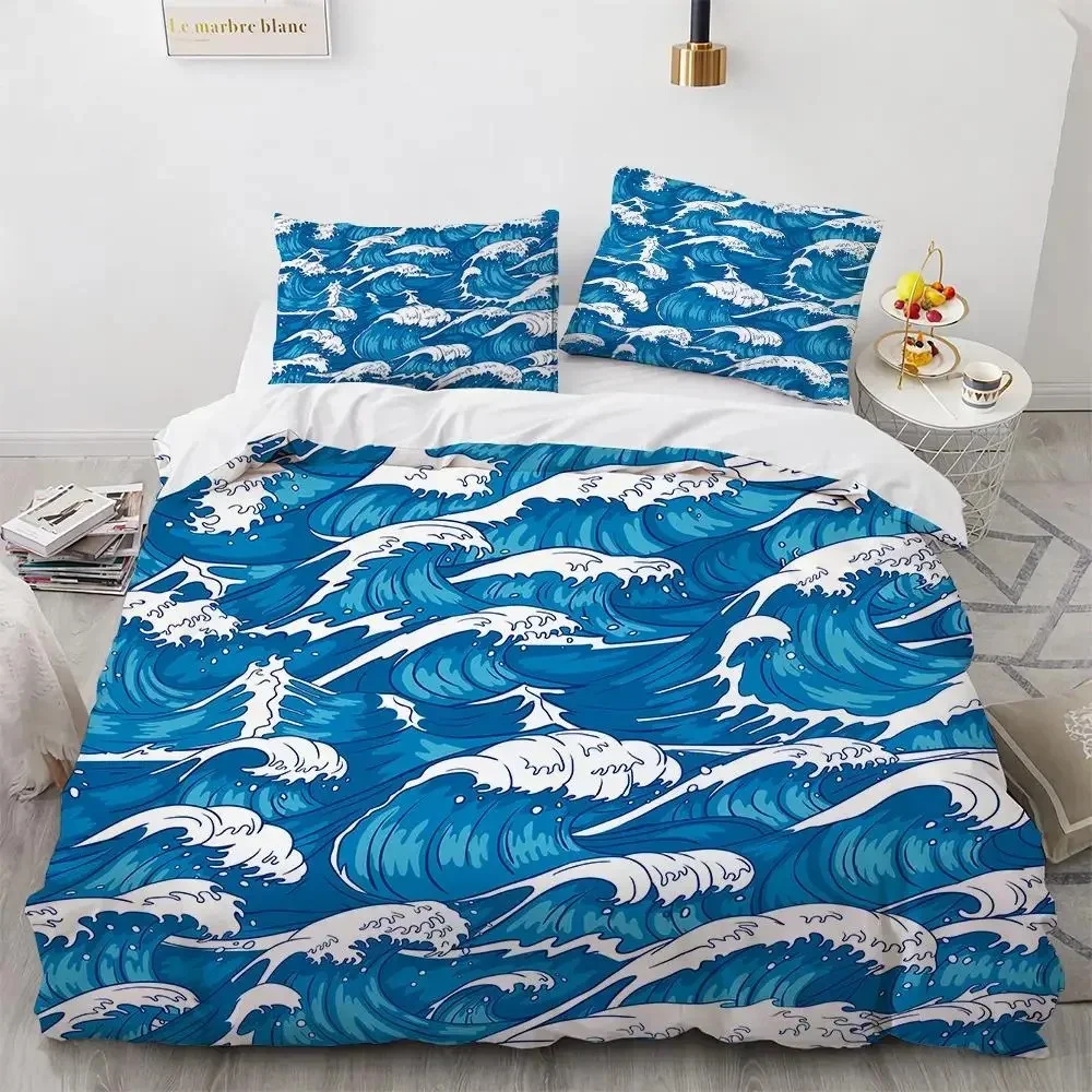 Zestaw pościeli z motywem Hokusai Wielka Fala japoński styl do sypialni Zielony
