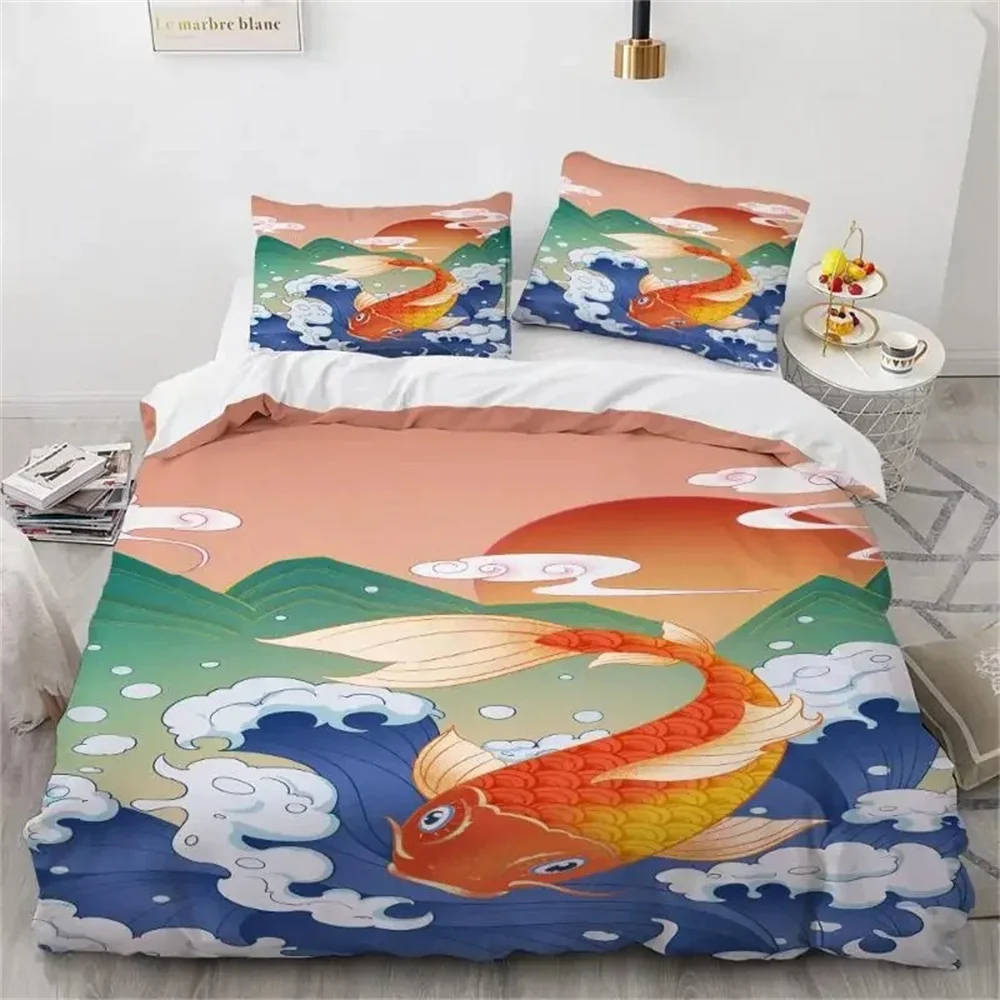 Zestaw pościeli z motywem Hokusai Wielka Fala japoński styl do sypialni żółty