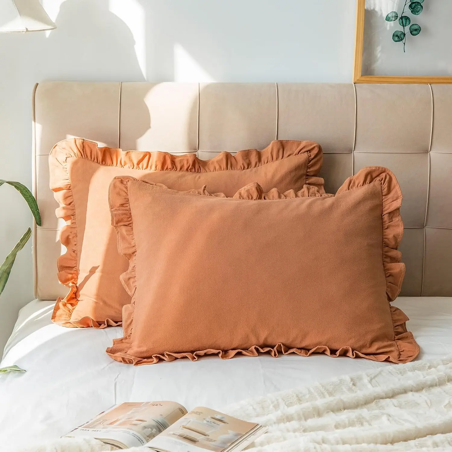 Poszewka bawełniana z falbanami rustykalna boho żółty