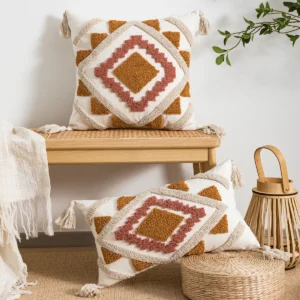 Poszewka boho pętelkowa welurowa wielokolorowa geometryczna Brązowy