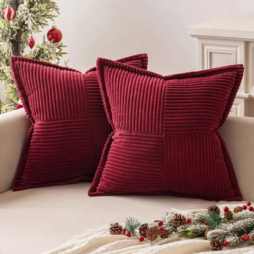Poszewka na poduszkę boho świąteczna sztruksowa — paski sofa 45x45 cm Czerwony