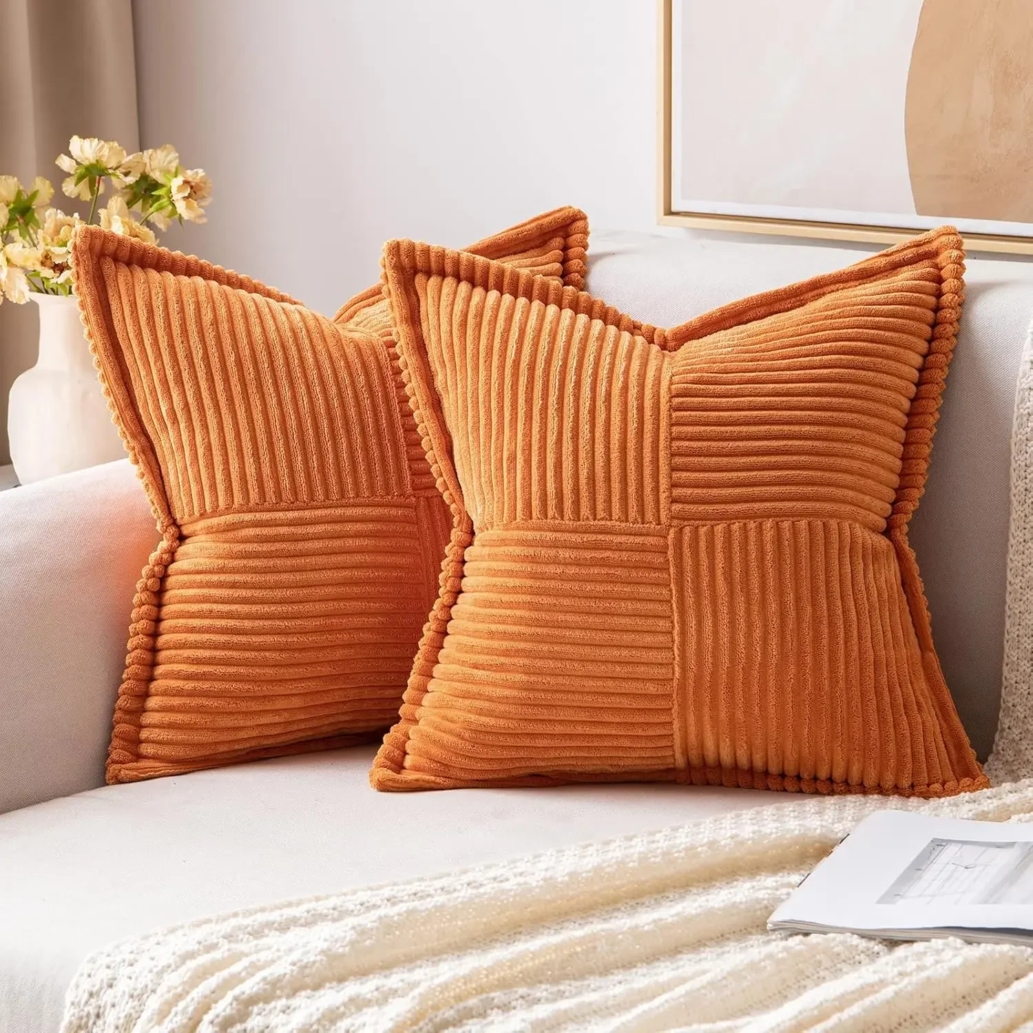 Poszewka na poduszkę boho świąteczna sztruksowa — paski sofa 45x45 cm Pomarańczowy