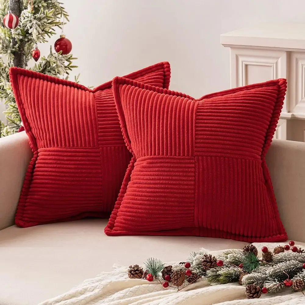 Poszewka na poduszkę boho świąteczna sztruksowa — paski sofa 45x45 cm Róża czerwona