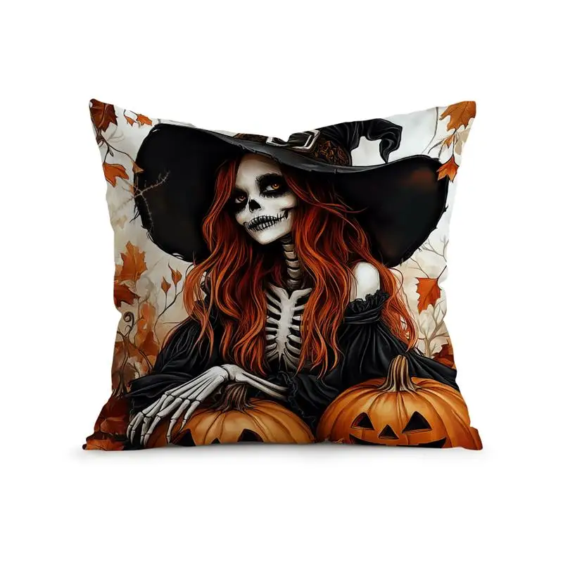 Poszewka na poduszkę Halloween z czarownicą i kotem — ozdoba salonu Niebieski