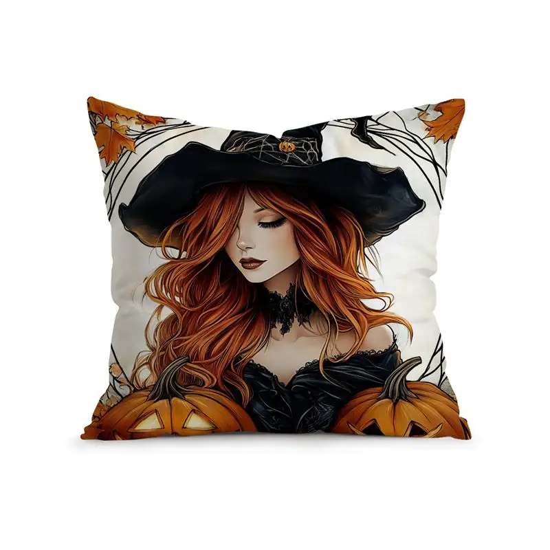 Poszewka na poduszkę Halloween z czarownicą i kotem — ozdoba salonu Zielony
