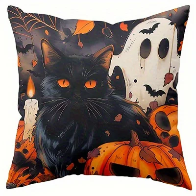 Poszewka na poduszkę Halloween — czarownica, kot i sowa Czerwony