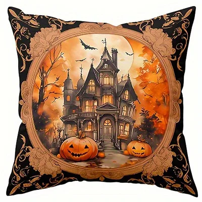 Poszewka na poduszkę Halloween — czarownica, kot i sowa Niebieski