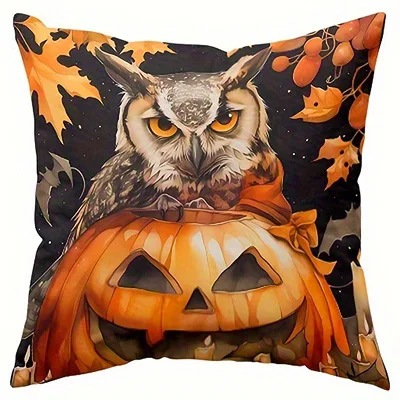 Poszewka na poduszkę Halloween — czarownica, kot i sowa Zielony