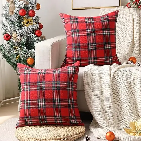 Poszewka na poduszkę w kratę tartan świąteczną — styl farmhouse 45x45 cm Zielony