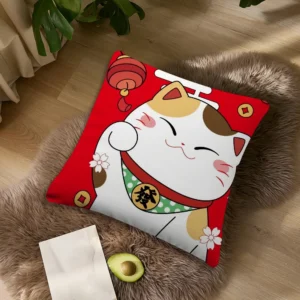 Poszewka na poduszkę Maneki Neko - kot szczęścia na sofę Beżowy
