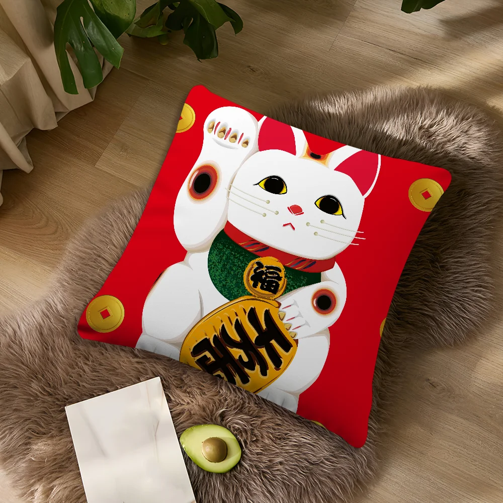 Poszewka na poduszkę Maneki Neko - kot szczęścia na sofę Czarny