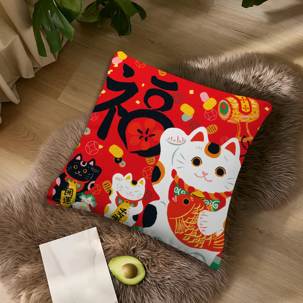 Poszewka na poduszkę Maneki Neko - kot szczęścia na sofę Niebieski