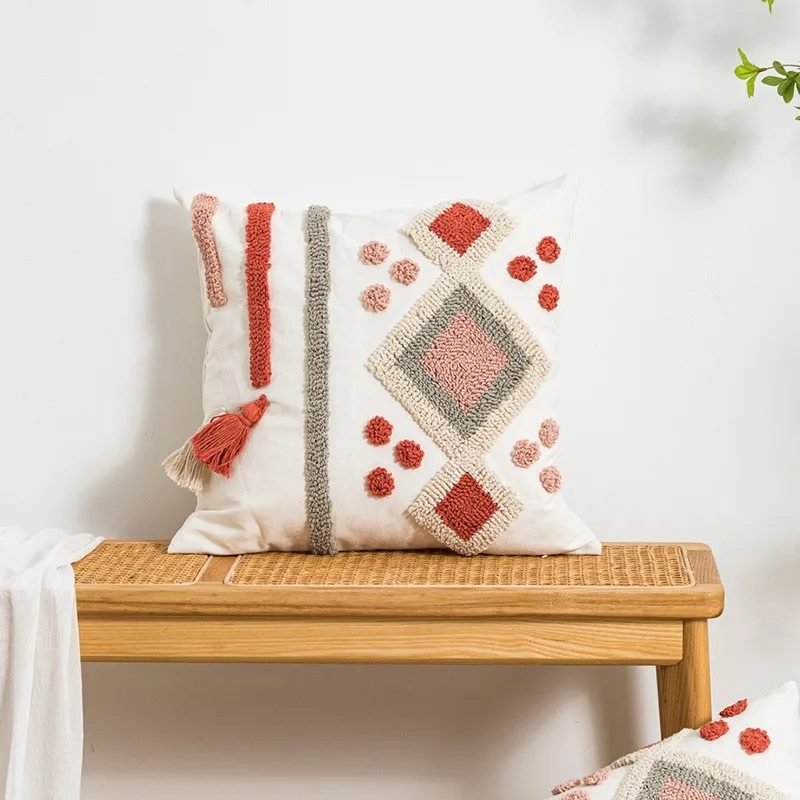 Poszewka tufted ręcznie robiona z frędzlami etno boho Beżowy