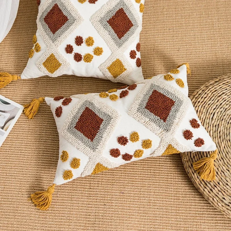 Poszewka tufted ręcznie robiona z frędzlami etno boho Błękitny