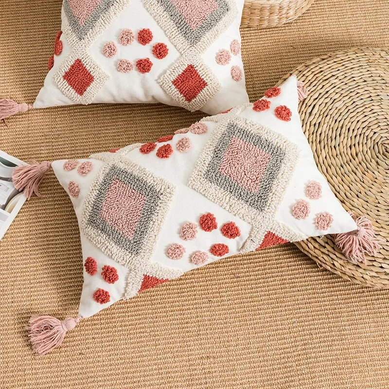Poszewka tufted ręcznie robiona z frędzlami etno boho Szary