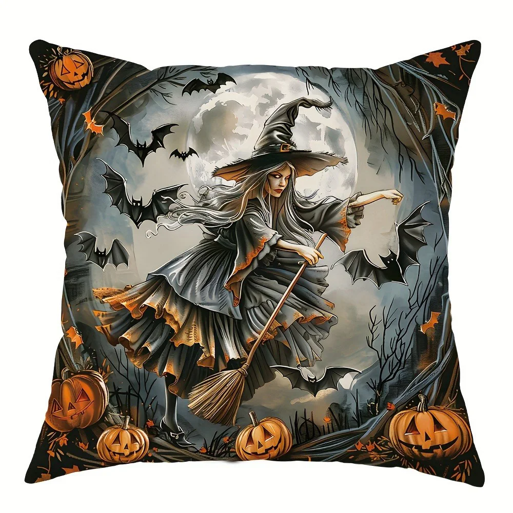 Poszewki na poduszki z motywem Halloween - wiedźma, sowa, czarny kot, nawiedzony dom Czarny