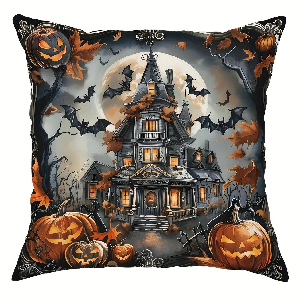 Poszewki na poduszki z motywem Halloween - wiedźma, sowa, czarny kot, nawiedzony dom Niebieski