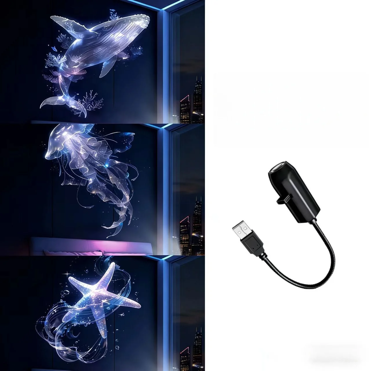 Projektor LED USB z motywami podwodnymi — wieloryb, meduza, rozgwiazda Czerwony