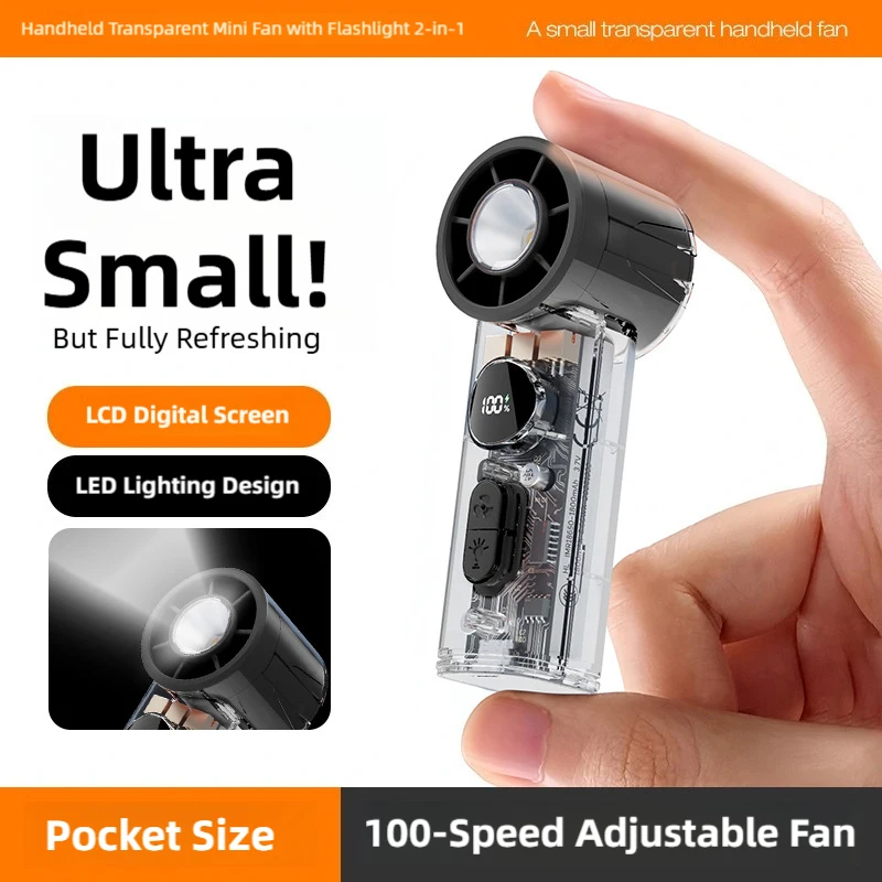 Przezroczysty mini wentylator ręczny USB z oświetleniem LED Czarny