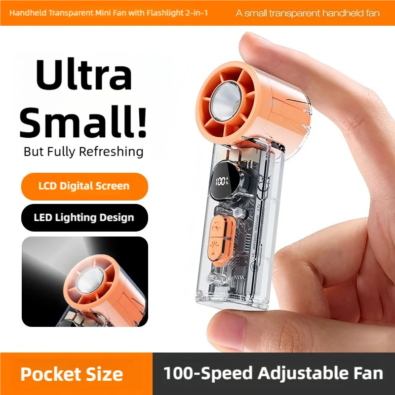 Przezroczysty mini wentylator ręczny USB z oświetleniem LED Pomarańczowy