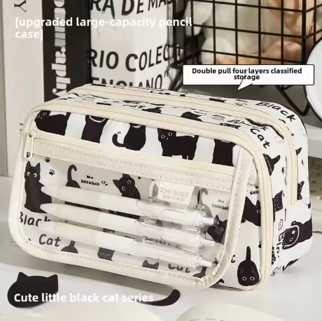 Przezroczysty piórnik z kotem - wielowarstwowe etui Czarny