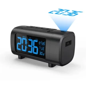 Radiobudzik z projekcją 180° i ładowaniem USB — drzemka i wyświetlacz temperatury Czarny