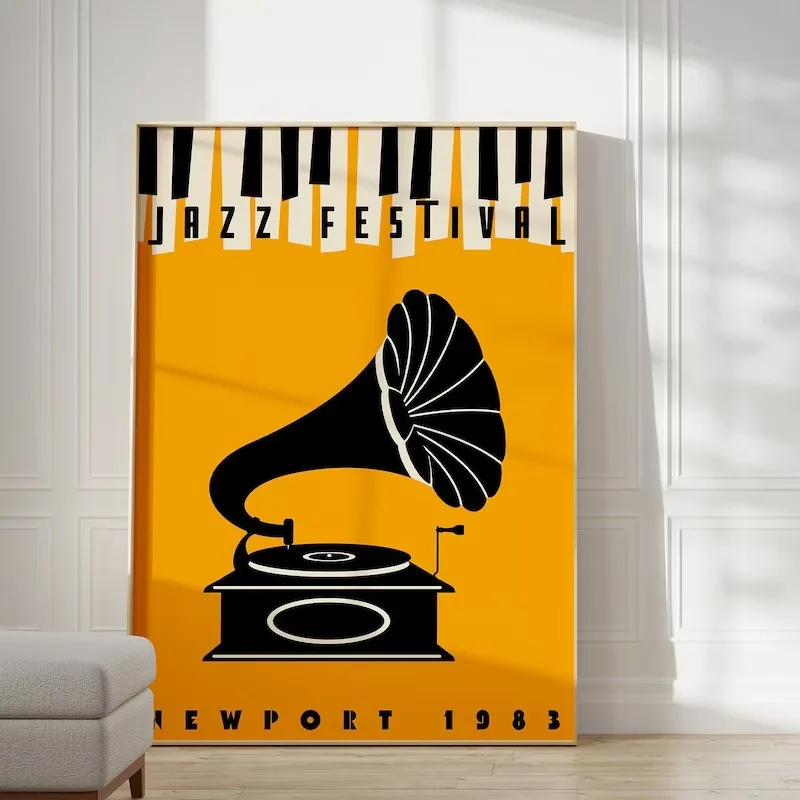 Retro plakat japońska muzyka jazzowa z czarnym kotem Fioletowo różowy