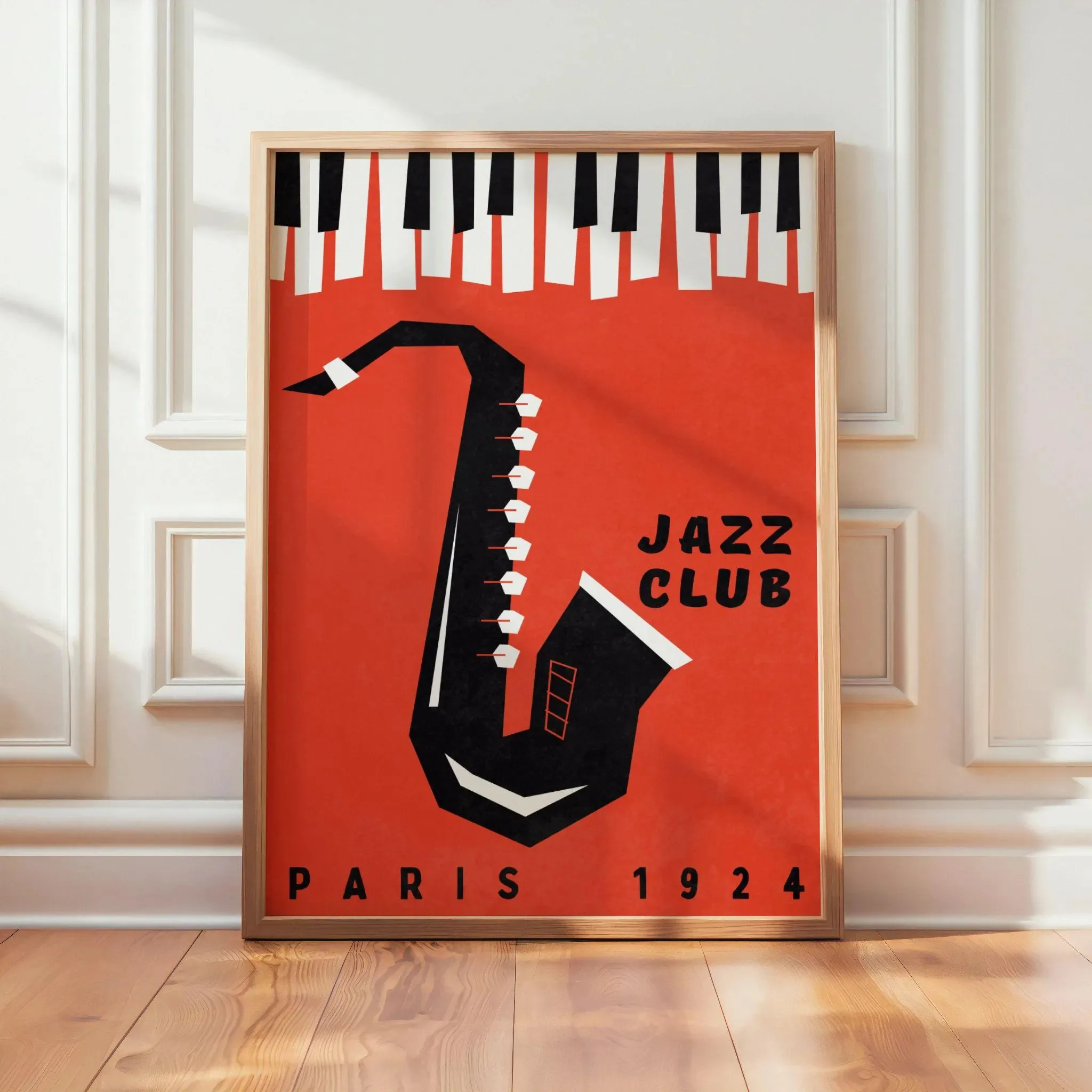 Retro plakat japońska muzyka jazzowa z czarnym kotem śliwka
