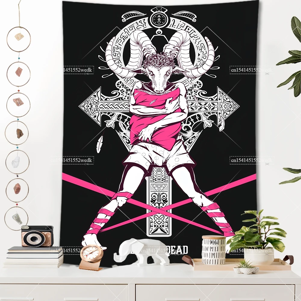 Różowy gobelin ścienny estetyczny z ilustracją dziewczyny Tarot Armijna zieleń