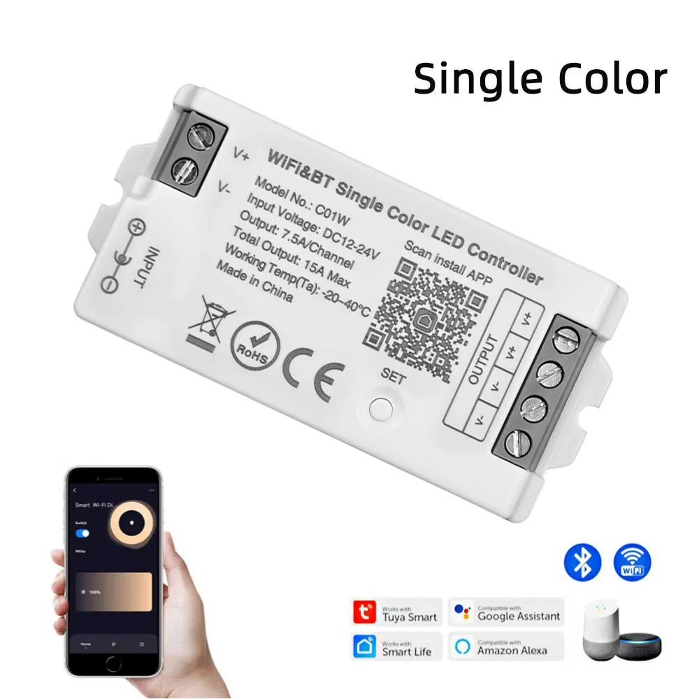 Ściemniacz LED WiFi Tuya - sterownik oświetlenia 12V/24V Biały